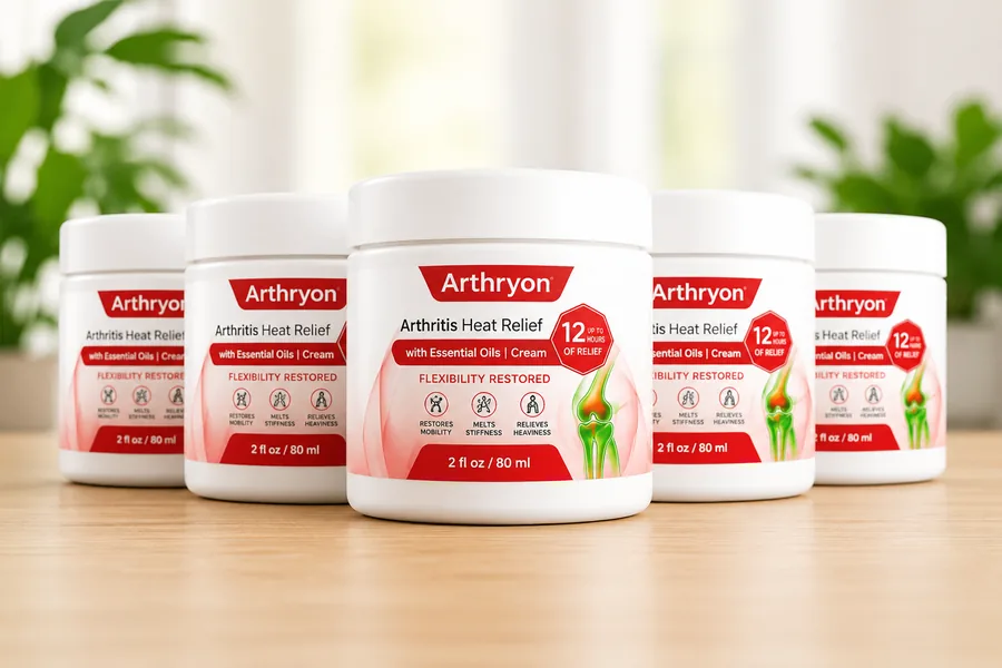 Arthryon Heat Relief Cream bottle with key features: fast-absorbing, natural ingredients, non-greasy formula